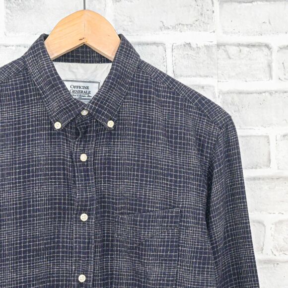 Officine Generale Men's Button Down Flannel Shirt blue check cotton size Small - Picture 5 of 7